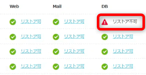 データベースの項目に「リストア不可」と表示された画面