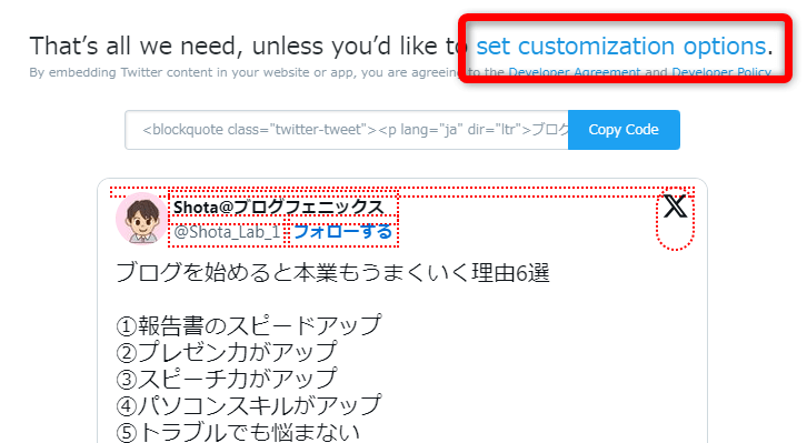 【set customization options】をクリック